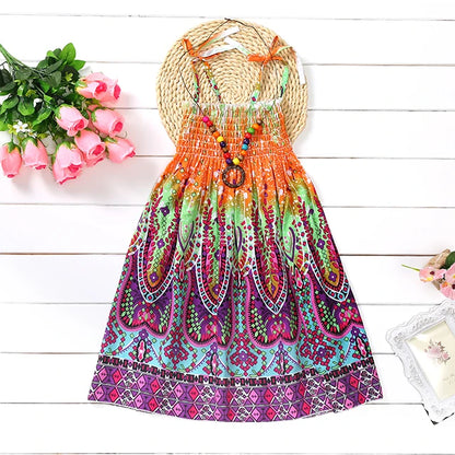 Kids Girls Floral Sling Ruffles Bohemian Beach Princess Birthday Party Dress w/ Necklace