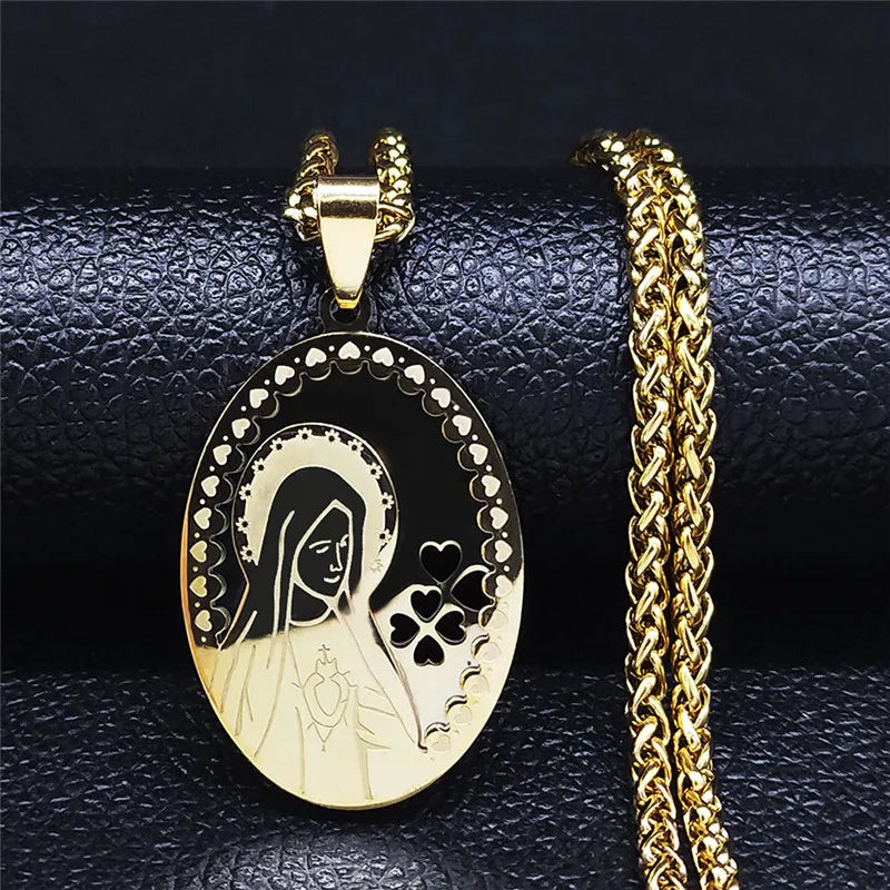 Women Men Gold Color Double Layer Stainless Steel Virgin Mary Medal Long Chain Pendant Necklace