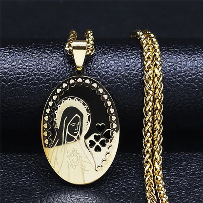 Women Men Gold Color Double Layer Stainless Steel Virgin Mary Medal Long Chain Pendant Necklace