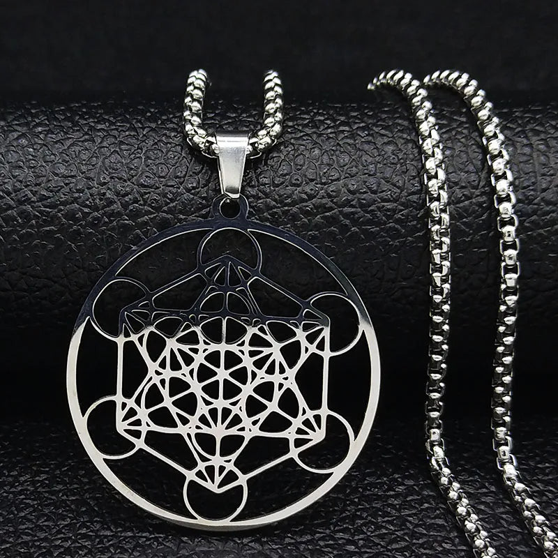 Men Sacred Geometry Angel Seal Metatron Symbol Yoga Hindu Buddhism Stainless Steel Necklace