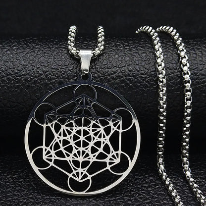 Men Sacred Geometry Angel Seal Metatron Symbol Yoga Hindu Buddhism Stainless Steel Necklace