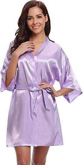 Women Nightgown Solid Color Kimono Bathrobe Satin Wedding Bridal Sleepwear