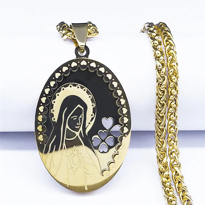 Women Men Gold Color Double Layer Stainless Steel Virgin Mary Medal Long Chain Pendant Necklace