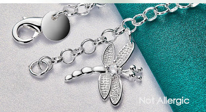 925 Sterling Silver Five Dragonfly Zircon Women Wedding Engagement Party Pendant Bracelet Chain