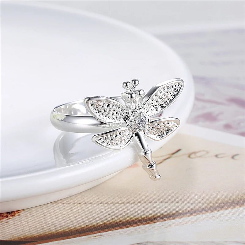 925 Sterling Silver Dragonfly Women Wedding Engagement Fashion Charm Ring