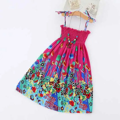 Kids Girls Floral Sling Ruffles Bohemian Beach Princess Birthday Party Dress w/ Necklace