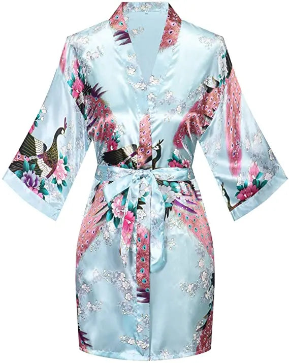 Women Satin Print Bathrobe Short Long Kimono Wedding Bridesmaids Robe Night Gown Dress