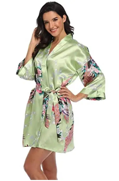 Women Satin Print Bathrobe Short Long Kimono Wedding Bridesmaids Robe Night Gown Dress