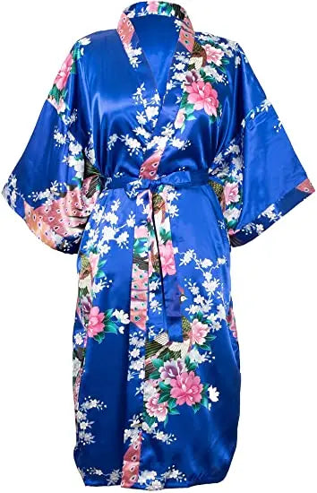 Satin Women Wedding Bridesmaids Crane Print Bathrobe Short Long Kimono Night Gown