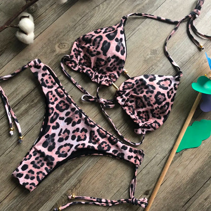 Sexy Halter Thong Micro Push Up Brazilian Bikini Tropical Plant Print Swimwear String Mini Swimsuit