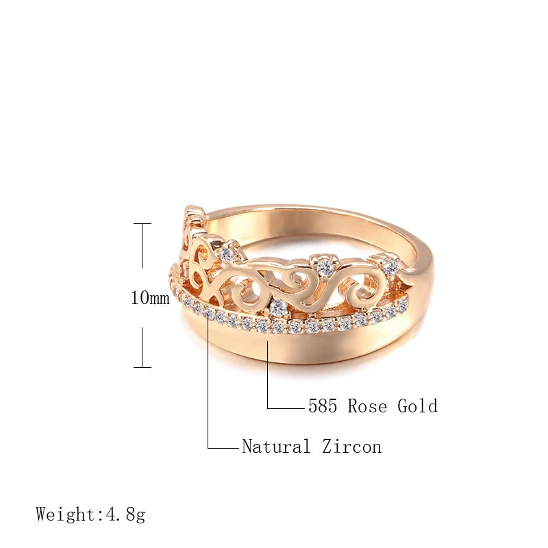 Women Luxury 585 Rose Gold Color Crown Vintage Ethnic Bride Wedding Natural Zircon Rings
