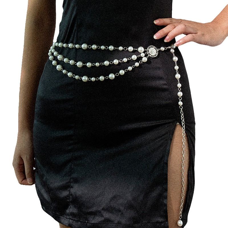 Women Fringe Silver Pearl Vintage Waist Chain Designer Belts