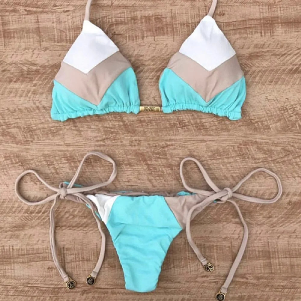 Sexy Halter Thong Micro Push Up Brazilian Bikini Tropical Plant Print Swimwear String Mini Swimsuit