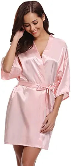 Women Nightgown Solid Color Kimono Bathrobe Satin Wedding Bridal Sleepwear
