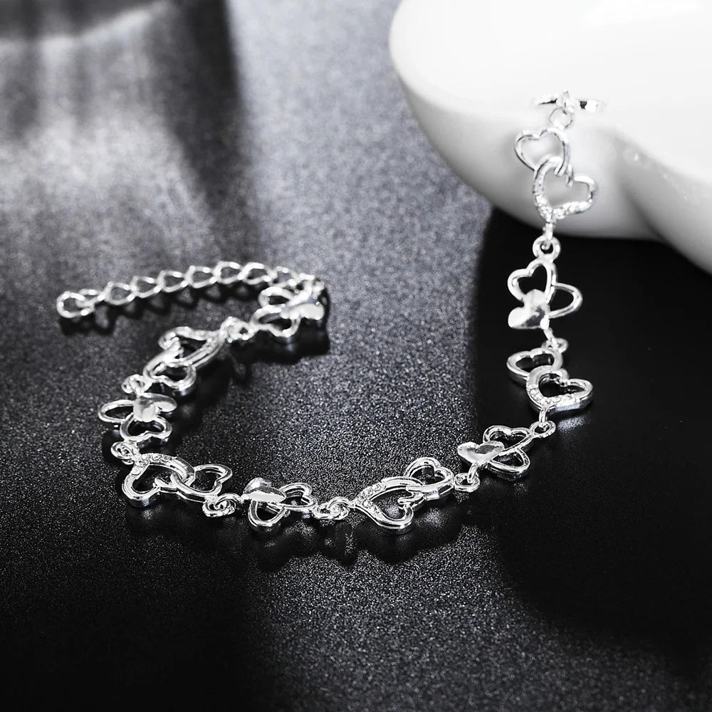 Women 925 Sterling Silver FULL Heart Zircon Wedding Party Chain Bracelet