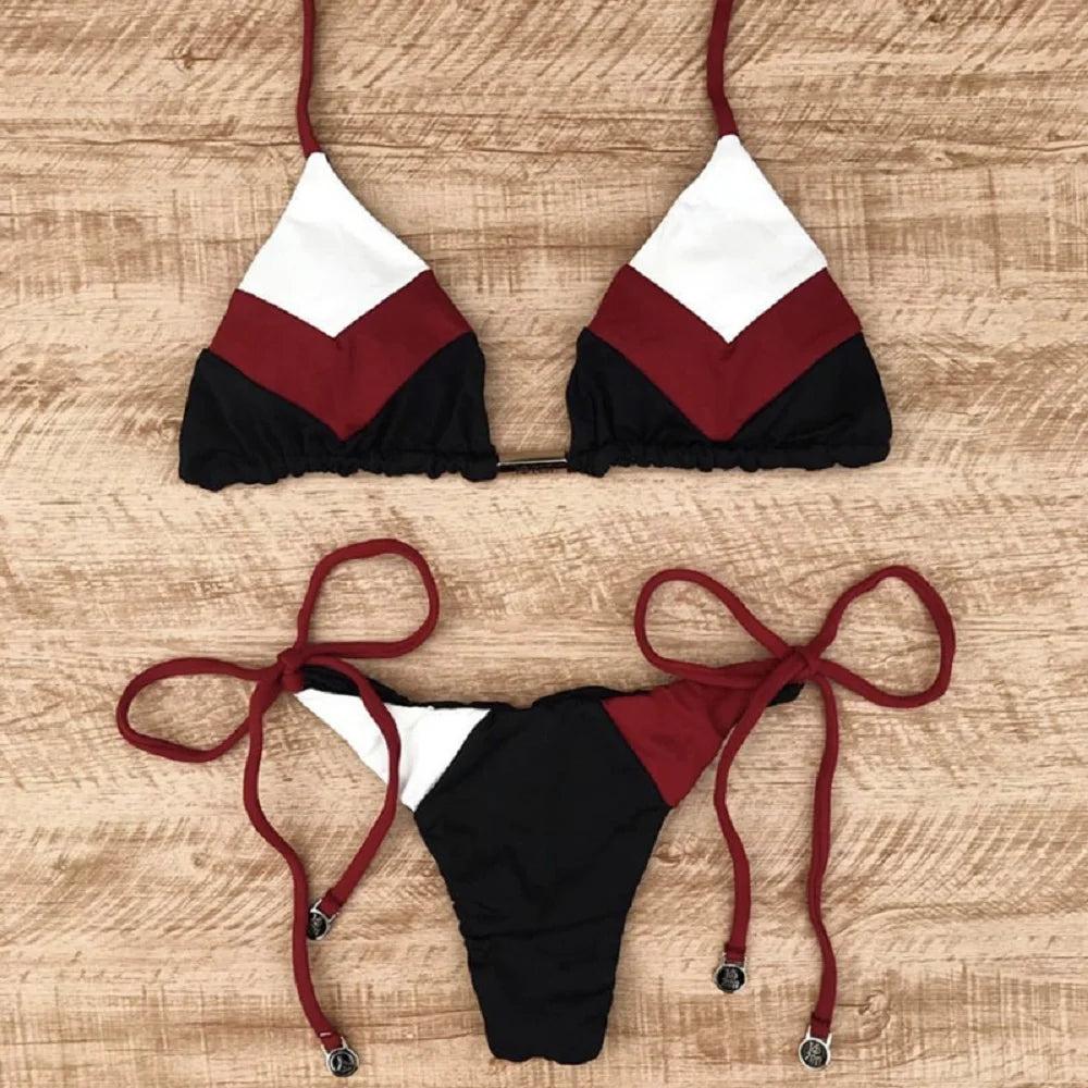 Sexy Halter Thong Micro Push Up Brazilian Bikini Tropical Plant Print Swimwear String Mini Swimsuit