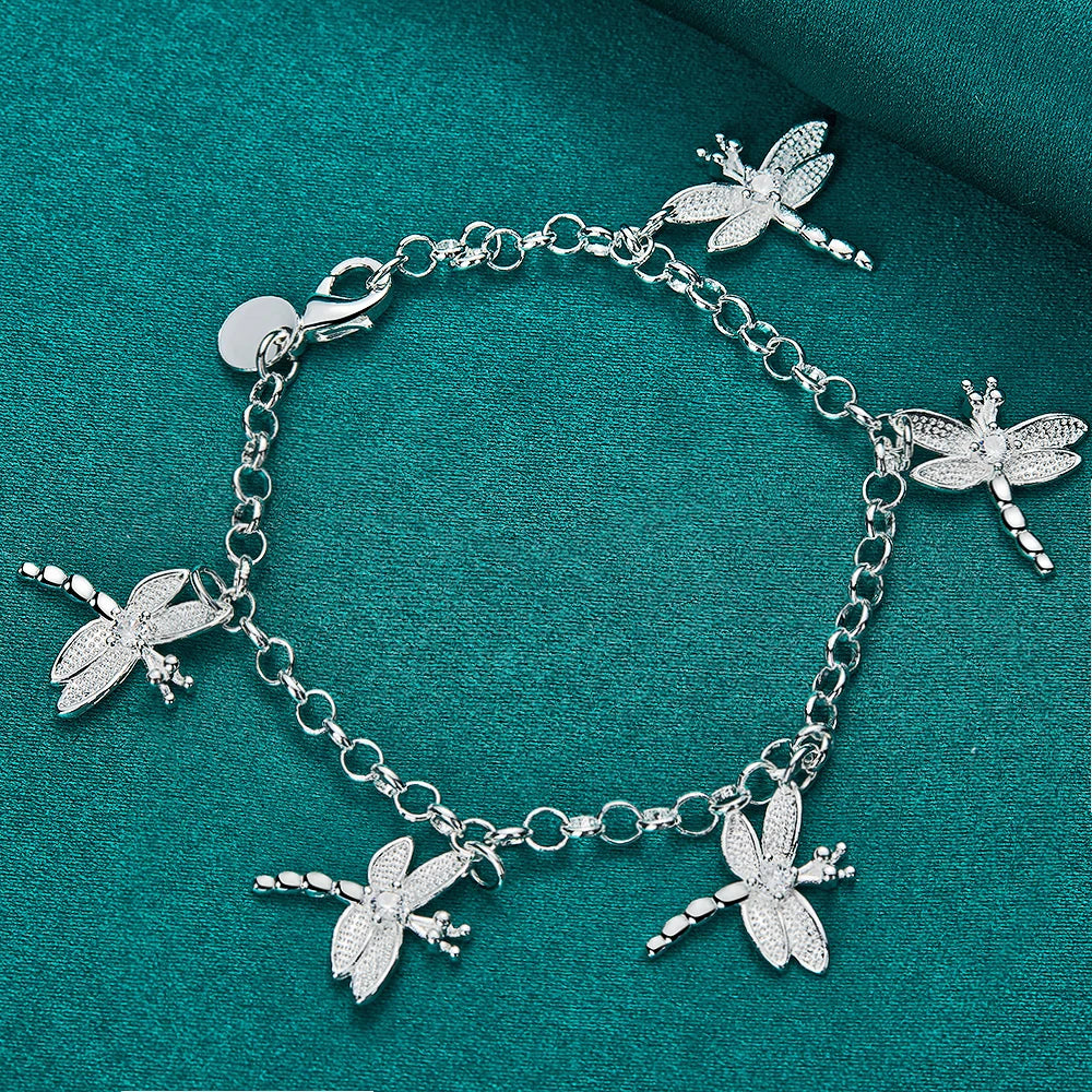 925 Sterling Silver Five Dragonfly Zircon Women Wedding Engagement Party Pendant Bracelet Chain