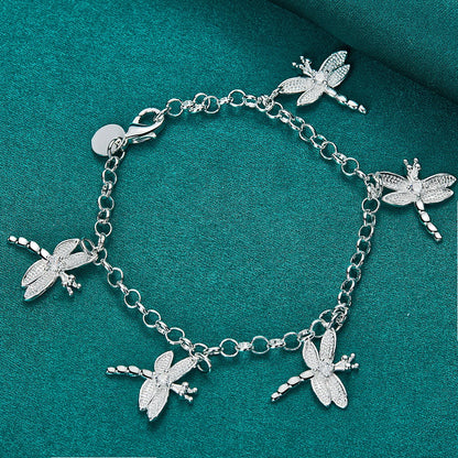 925 Sterling Silver Five Dragonfly Zircon Women Wedding Engagement Party Pendant Bracelet Chain