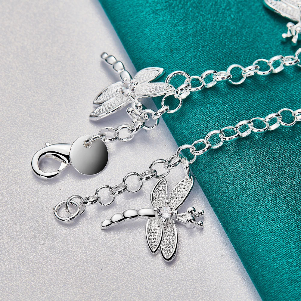 925 Sterling Silver Five Dragonfly Zircon Women Wedding Engagement Party Pendant Bracelet Chain