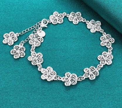 925 Sterling Silver Full Flower Chain Women Wedding Engagement Party Fashion Bracelet