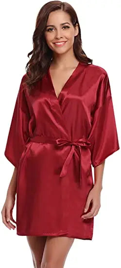 Women Nightgown Solid Color Kimono Bathrobe Satin Wedding Bridal Sleepwear