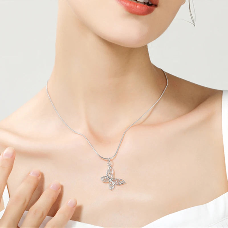 925 Sterling Silver Butterfly Snake Chain Women Wedding Engagement Pendant Necklace