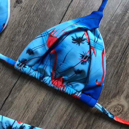 Sexy Halter Thong Micro Bikini Push Up Brazilian Tropical Plant Print String Mini Swimsuit