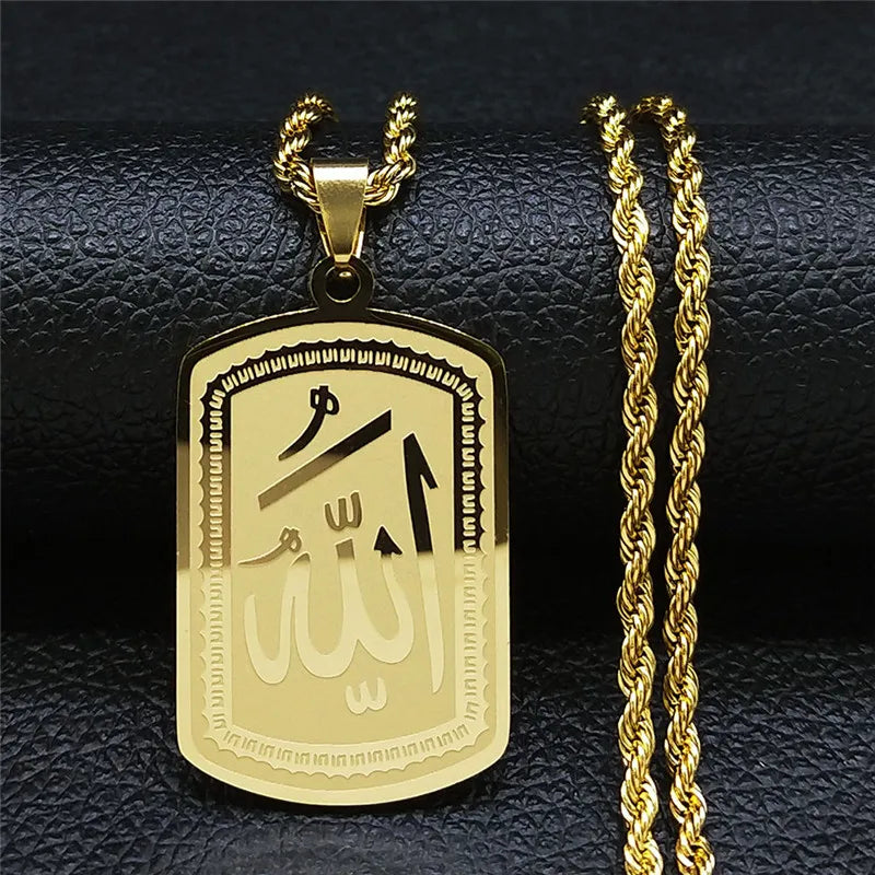 Men Gold Color Stainless Steel Statement Muslim Islamic Quran Allah Chain Necklace