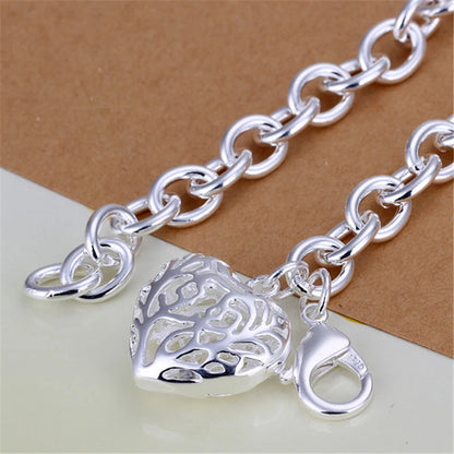 925 Sterling Silver Hollow Heart Woman Wedding Engagement Fashion Party Charm Pendant Bracelet