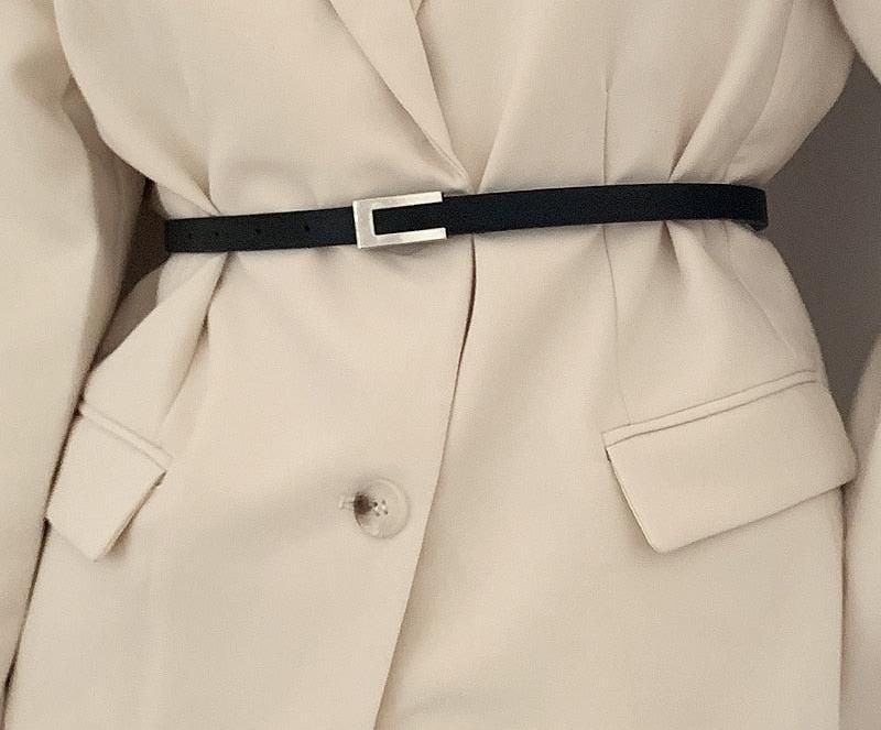 Women Fashion Faux Leather Black Gold Silver Metal Buckle Strap Thin Belts