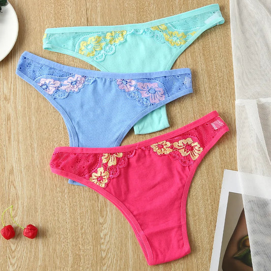 3Pcs Cotton Embroidery Panties Underwear Sexy Lace T-back Thongs Underpants