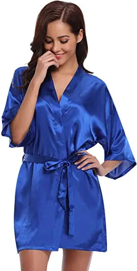 Women Nightgown Solid Color Kimono Bathrobe Satin Wedding Bridal Sleepwear