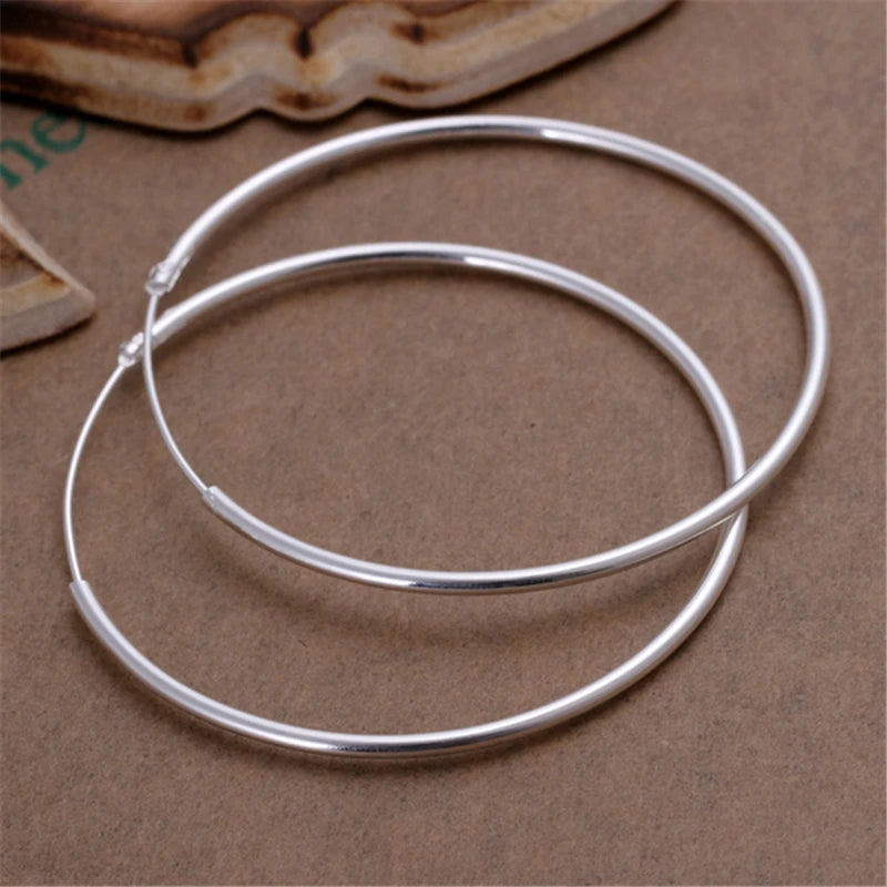 925 Sterling Silver Hoop 50mm Round Circle Loop Smooth Big Earrings