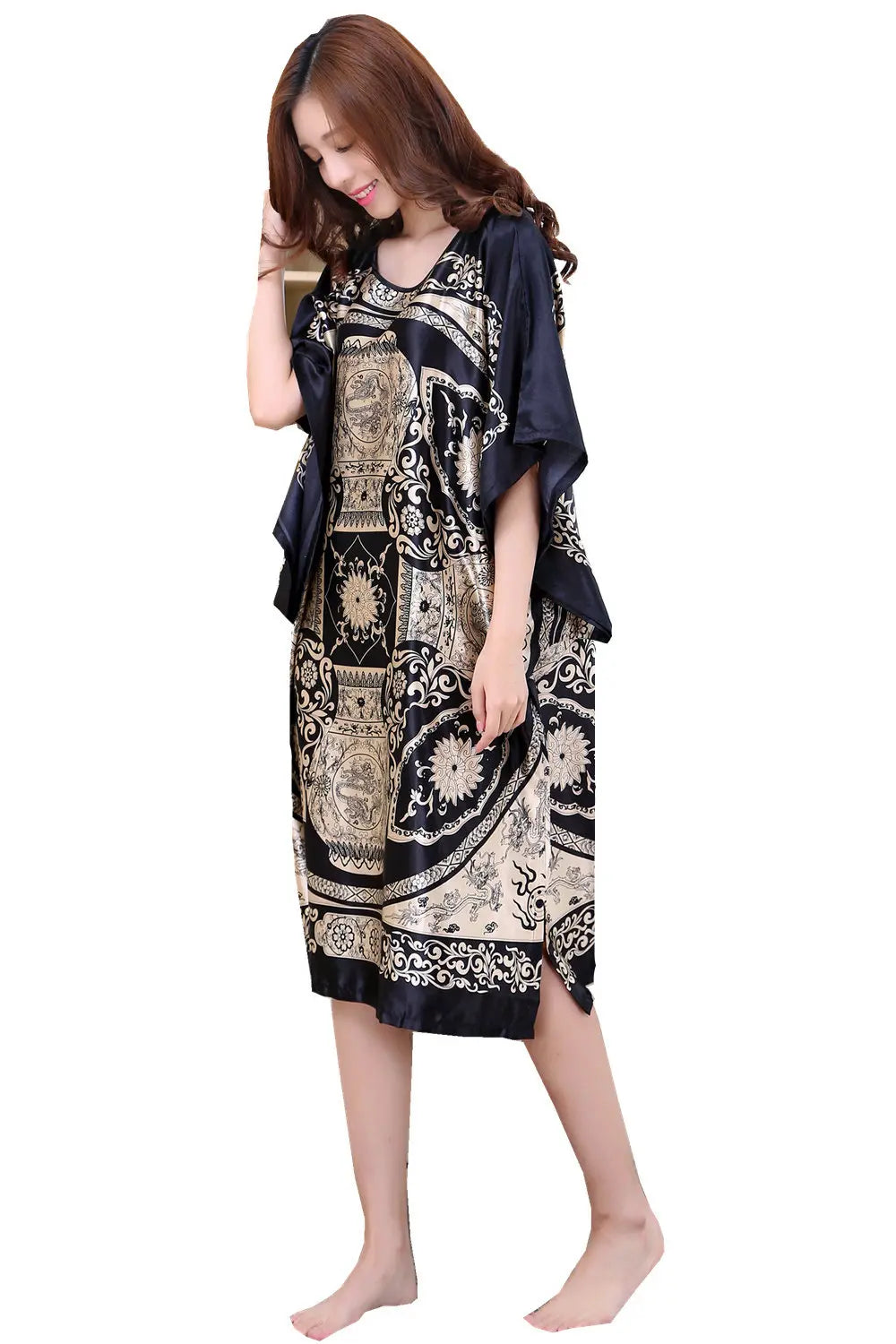 Plus Size Women Nightgown Printed Loose Sleepwear Nightwear Robe Bath Gown