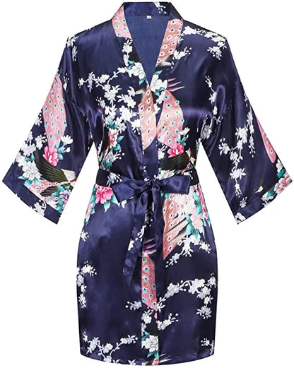 Women Satin Print Bathrobe Short Long Kimono Wedding Bridesmaids Robe Night Gown Dress
