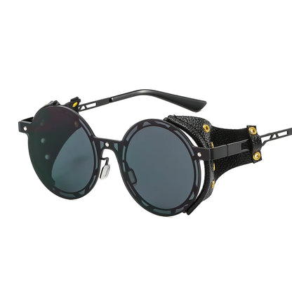 Oversized Men Women Vintage Designer Punk Metal Shades Round Steampunk Leather Eyeglasses UV400 Sunglasses