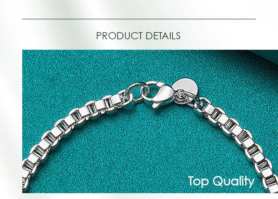 925 Sterling Silver 4mm Man Women Charm Wedding Engagement Party Fashion Box Chain Bracelet