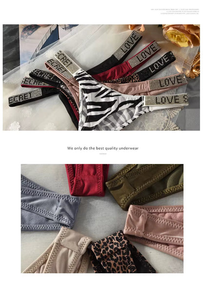 Women Low Waist Thongs Rhinestones Letter Diamonds G-string Sports Thong Shorts Briefs T-back Panties