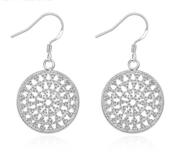 Women 925 Sterling Silver Hollow Out Round Plate Charm Wedding Engagement Party Earrings