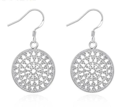 Women 925 Sterling Silver Hollow Out Round Plate Charm Wedding Engagement Party Earrings