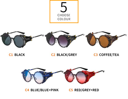 Oversized Men Women Vintage Designer Punk Metal Shades Round Steampunk Leather Eyeglasses UV400 Sunglasses