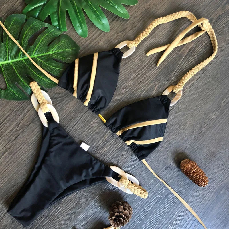 Women Bandeau Bikini Swimwear Push Up Thong Patchwork Swimsuit Backless Bathing Suit
