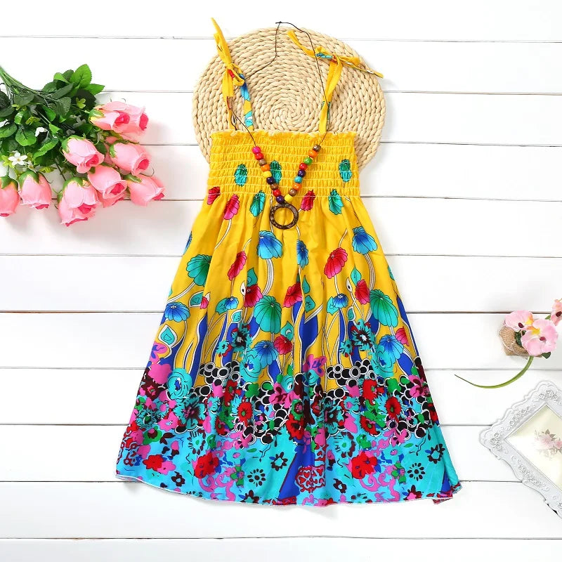 Kids Girls Floral Sling Ruffles Bohemian Beach Princess Birthday Party Dress w/ Necklace