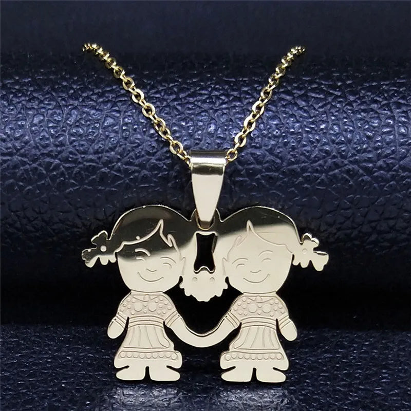 Women Mother Gold Color Boy Girl Kids Stainless Steel Necklace