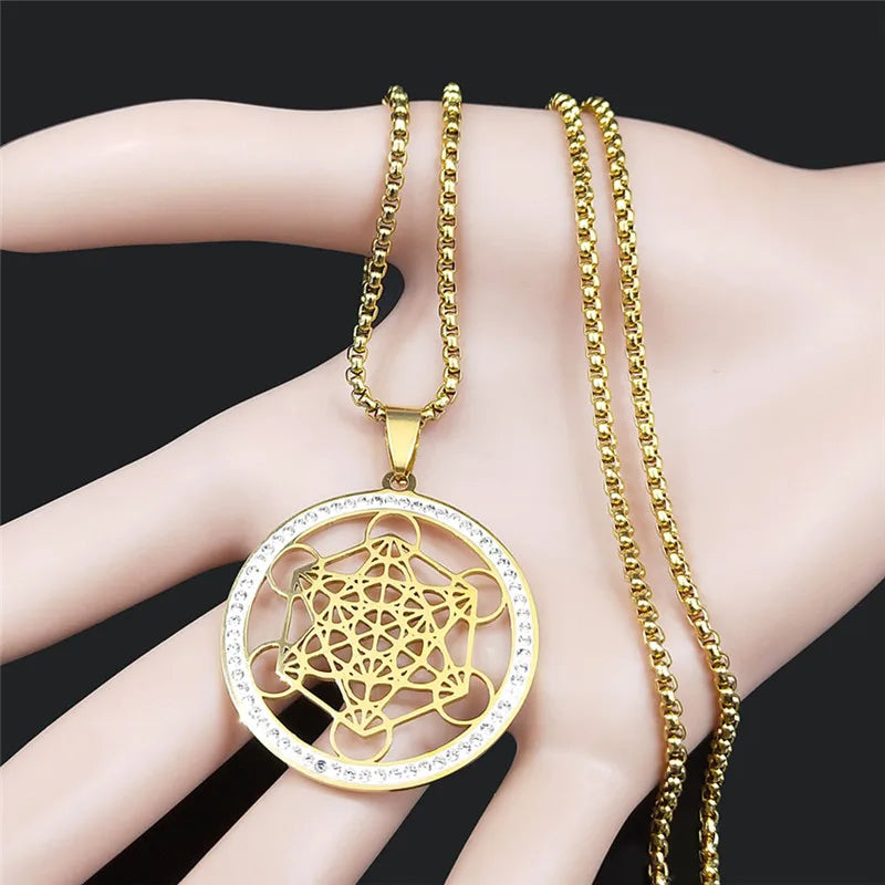 Women Metatron Sacred Geometry Symbol Flower of Life Stainless Steel Crystal Pendant Necklace