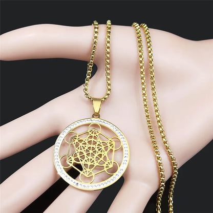 Women Metatron Sacred Geometry Symbol Flower of Life Stainless Steel Crystal Pendant Necklace