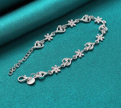 925 Sterling Silver Full Heart Love Flower Chain Women Wedding Engagement Party Bracelet