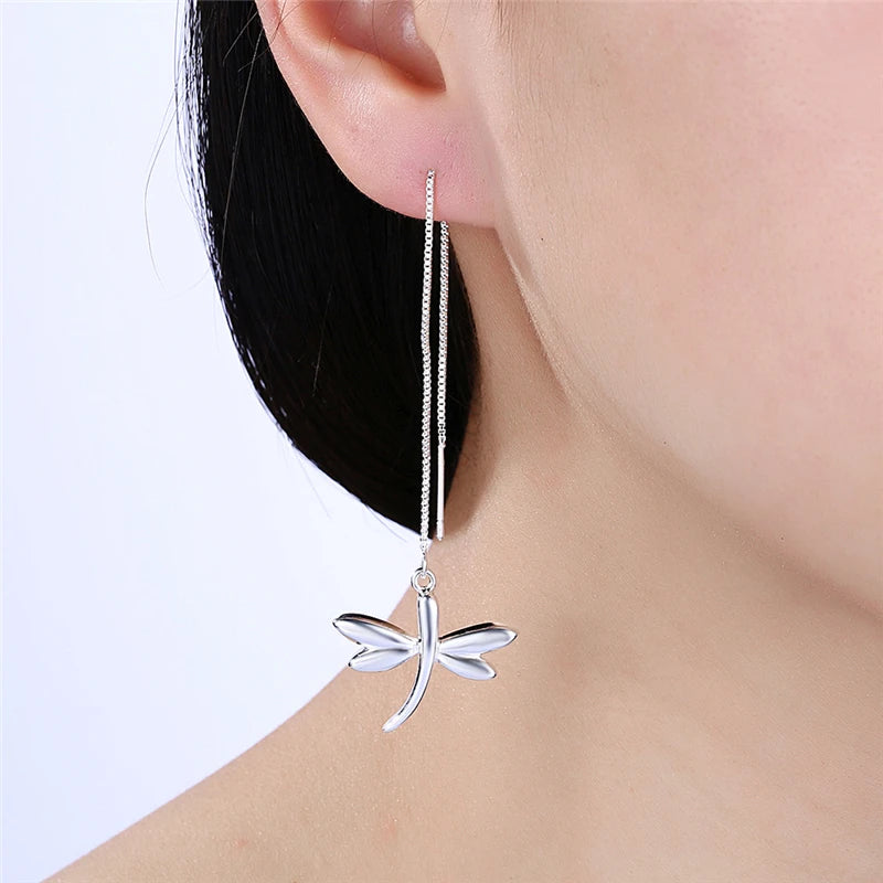 925 Sterling Silver Dragonfly Charm Women Fashion Wedding Engagement Party Earline Drop Earring