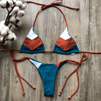 Sexy Halter Thong Micro Bikini Push Up Brazilian Tropical Plant Print String Mini Swimsuit