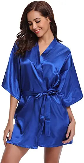 Women Nightgown Solid Color Kimono Bathrobe Satin Wedding Bridal Sleepwear